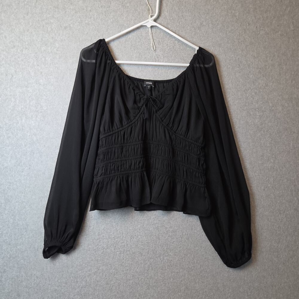 Express Black LS Smocked V Neck Peasant Blouse Women's Medium Stretch